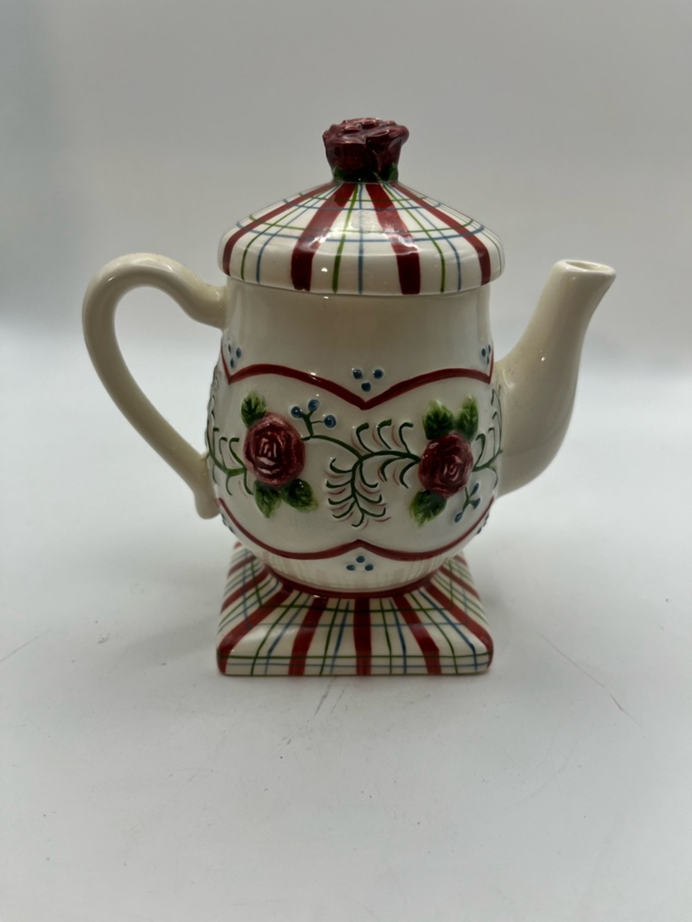 Hand-Painted Floral Ceramic Teapot in Cream and Red